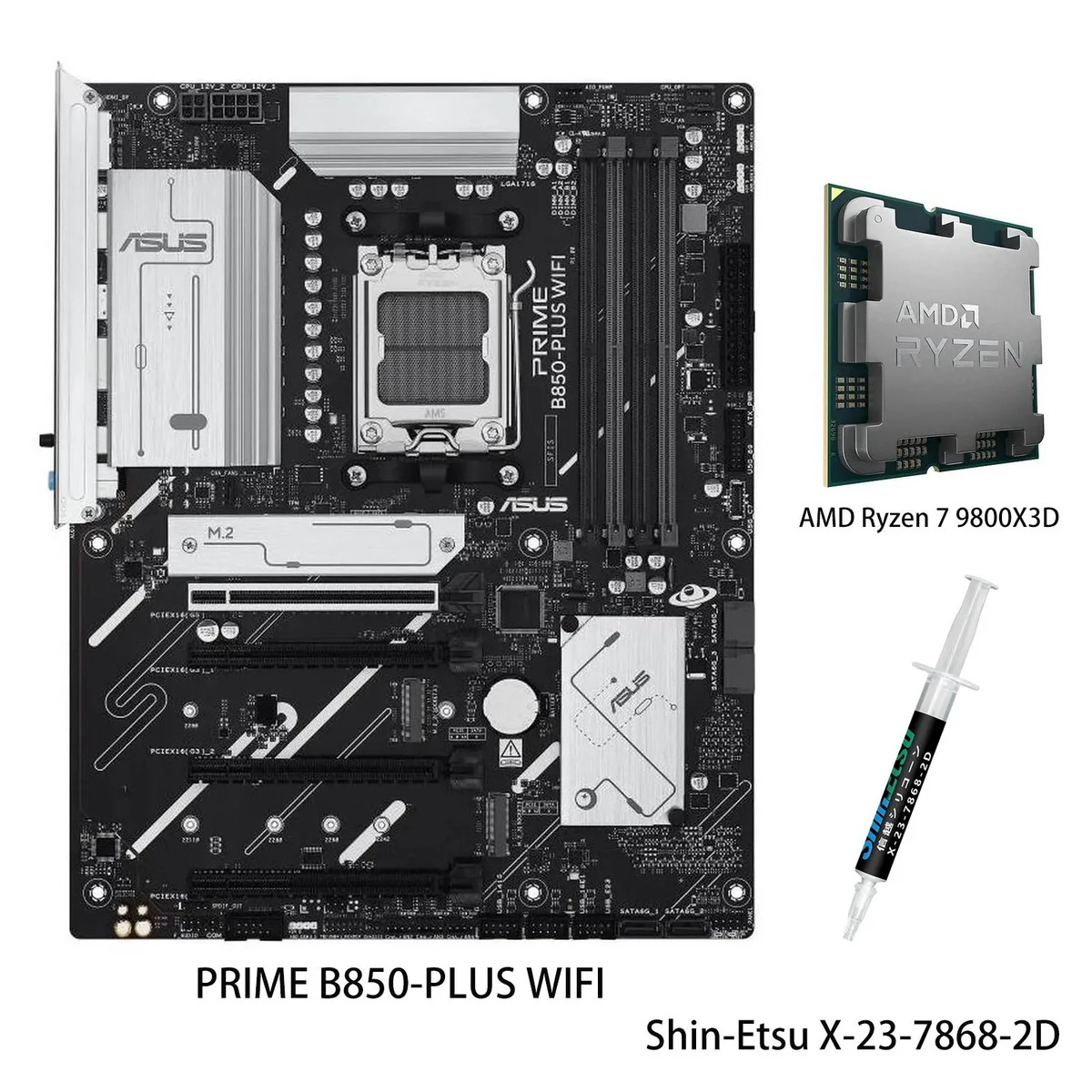 ATX motherboard with CPU installed, silver heatsinks, black PCB, RGB lighting headers