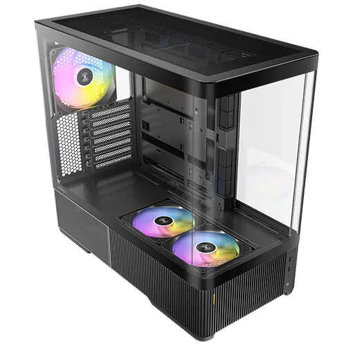 Black ATX mid-tower with three-sided curved tempered glass panels and visible ARGB fans