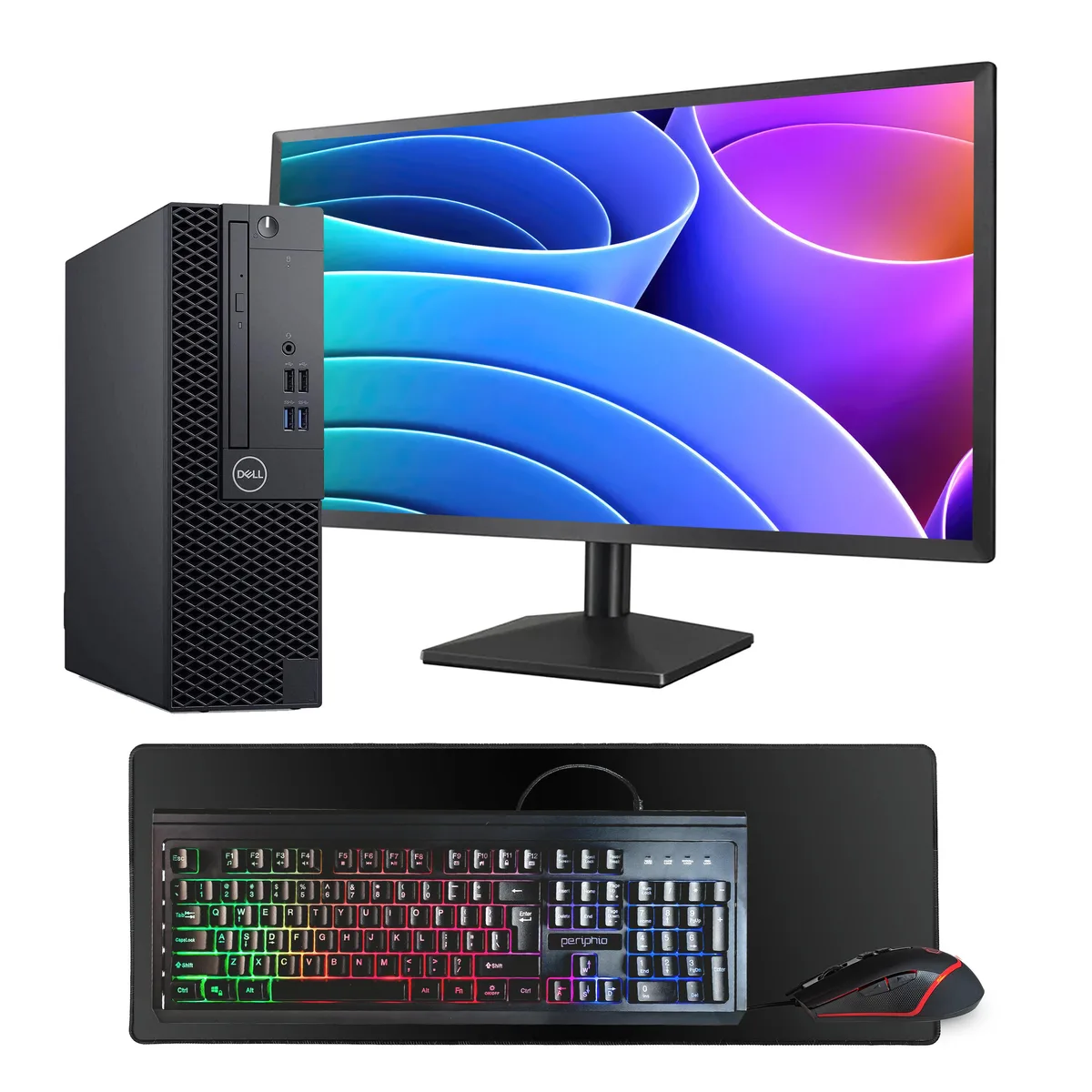 Black Dell OptiPlex 3060 desktop tower with 24 inch monitor