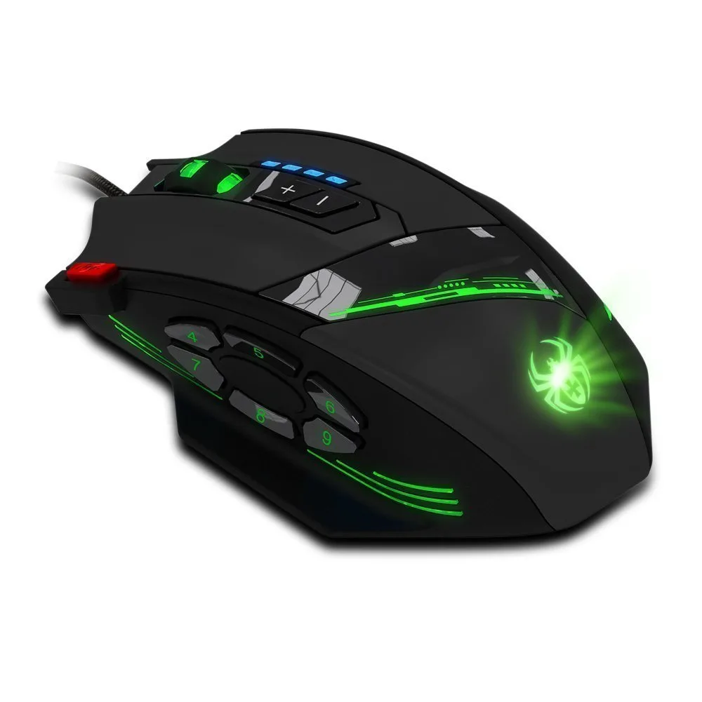 Black left-handed wired gaming mouse with 12 buttons and adjustable weights
