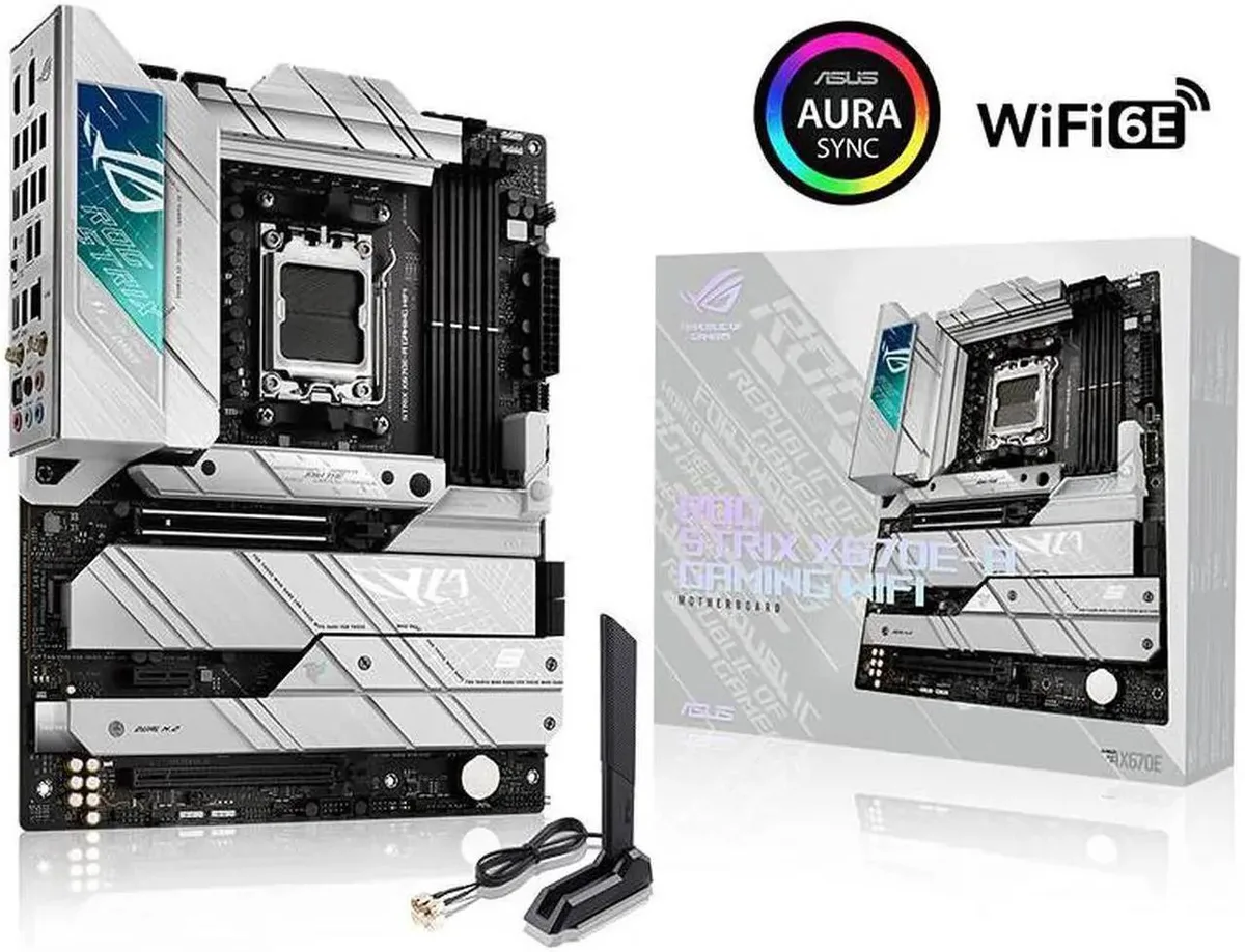 White ATX motherboard with silver heatsinks and black PCB