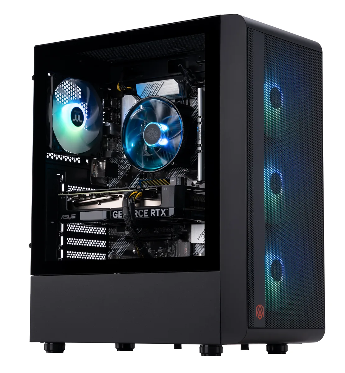 Black mid-tower gaming desktop with RGB air cooler visible through side panel