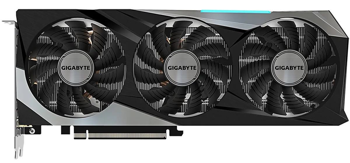 Triple-fan graphics card with metal backplate, dark grey finish