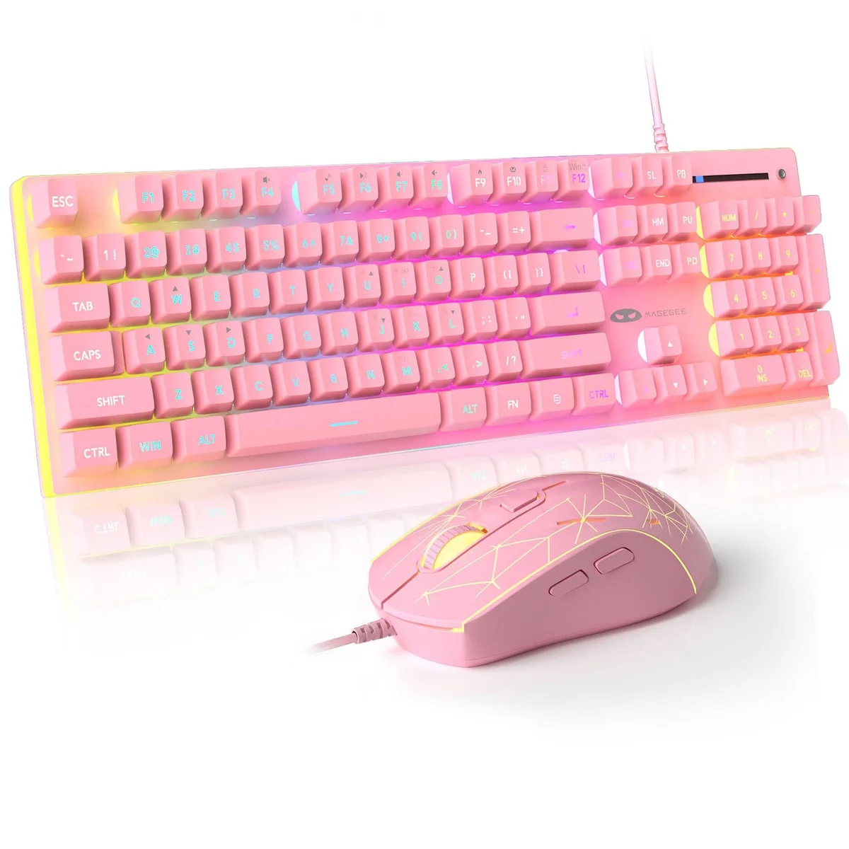 Pink 104-key keyboard and mouse combo with aluminium top panel, RGB backlighting, USB wired