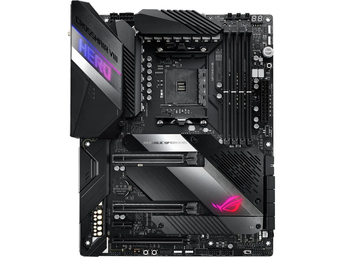 Black ATX motherboard with metal heatsinks and I/O shield