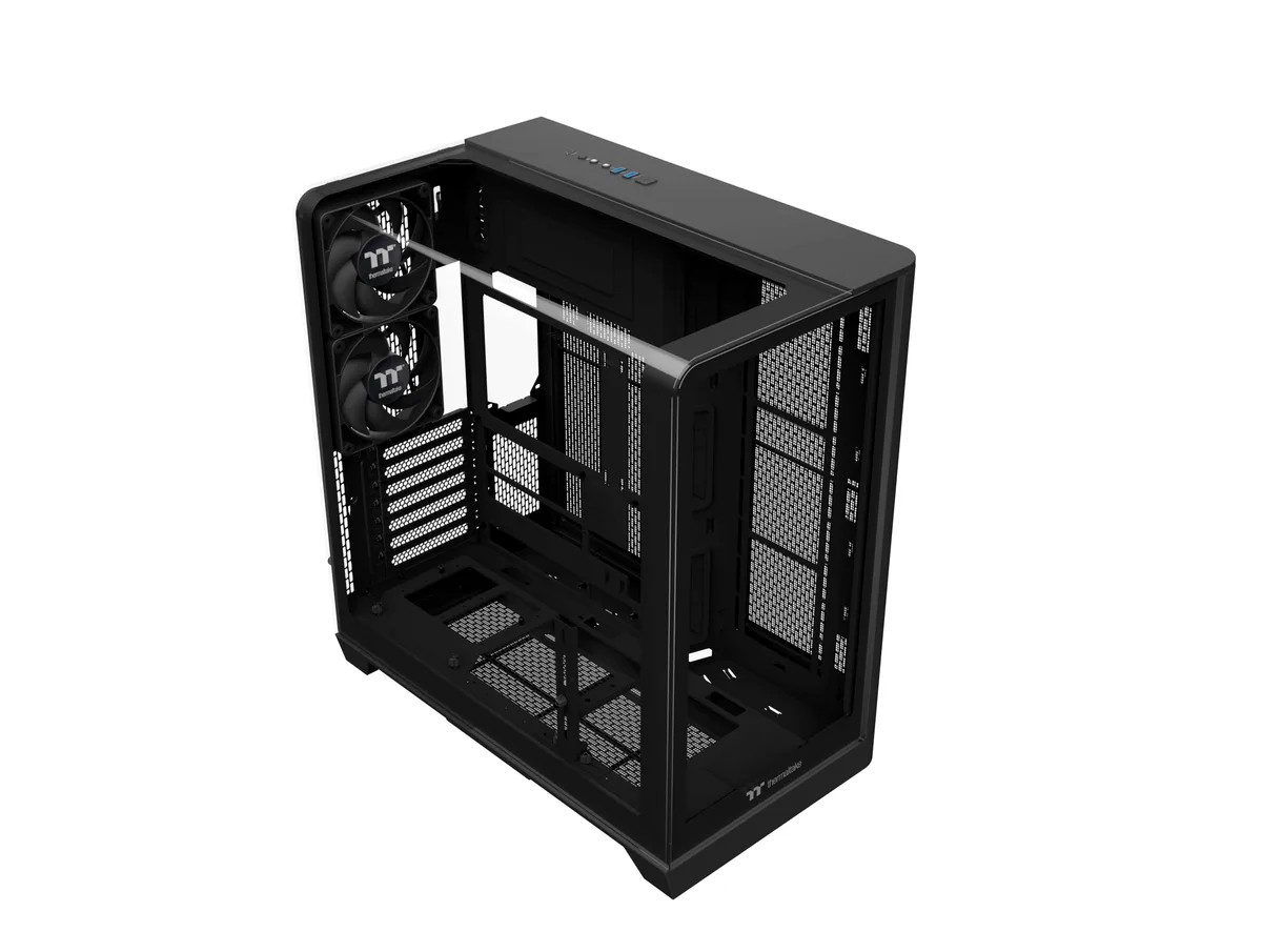 Black mid-tower case with curved tempered glass side panel and full glass front panel
