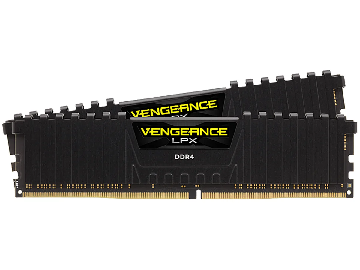 Two black low-profile DDR4 memory modules with aluminum heatspreaders