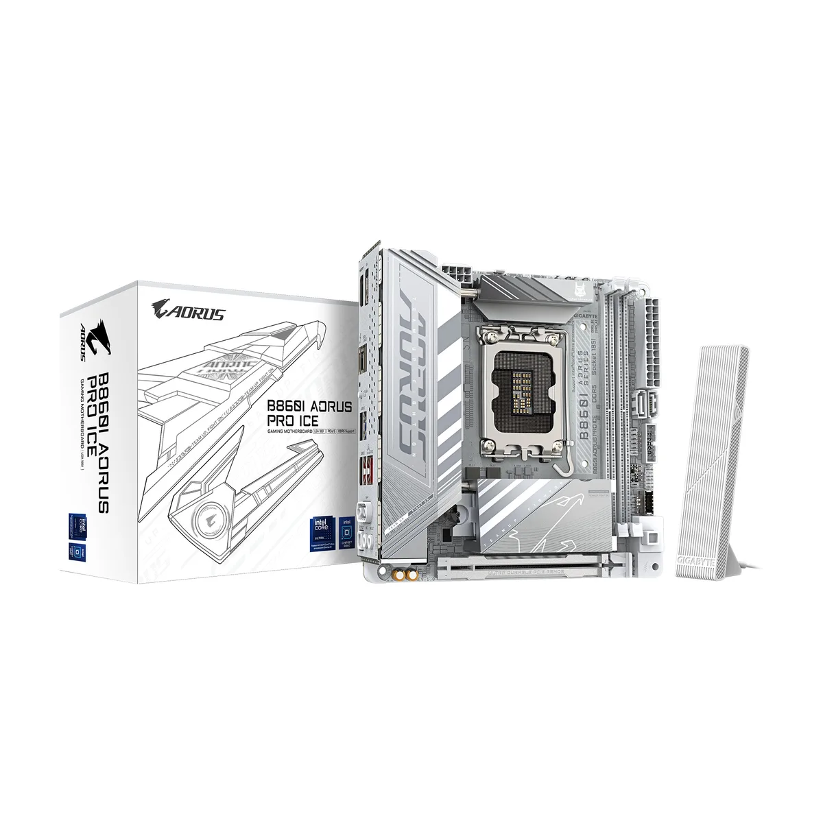 White Mini-ITX motherboard with silver heatsinks and rear I/O shield