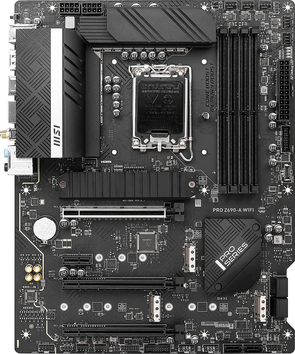 Black ATX motherboard with silver heatsinks and four M.2 slots