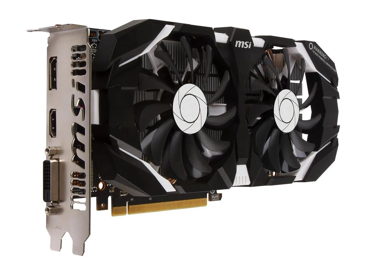 MSI GeForce GTX 1060 graphics card with dual-fan cooler and black metal backplate