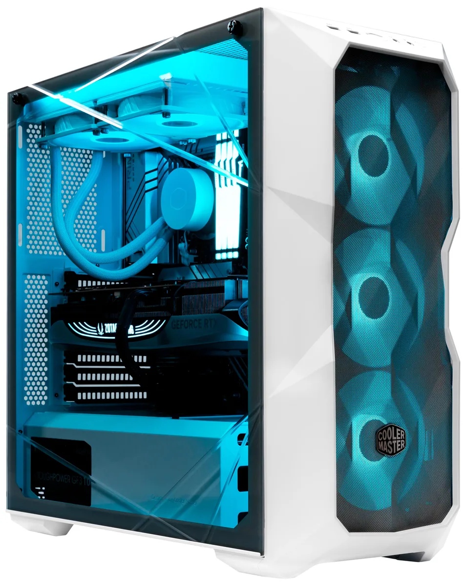 White mid-tower case with mesh front panel and RGB lighting visible through side panel