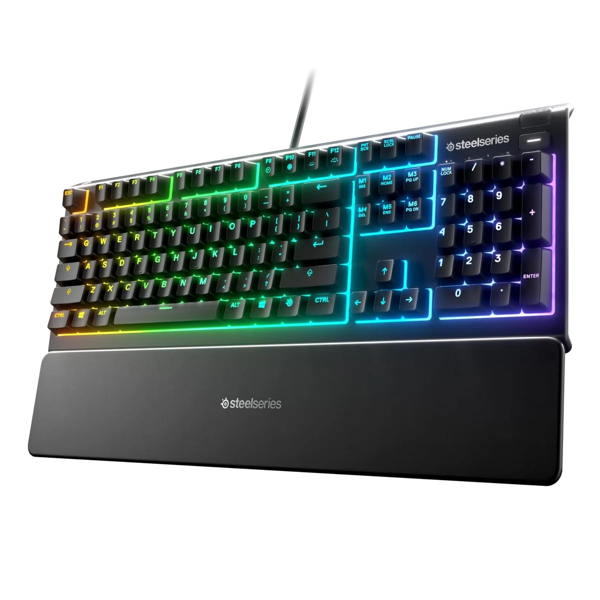 Black full-size gaming keyboard with 10-zone RGB backlighting and magnetic wrist rest