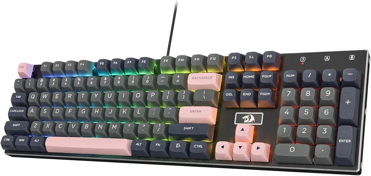 Full-size wired gaming keyboard in pink and white with aluminum base and PBT keycaps
