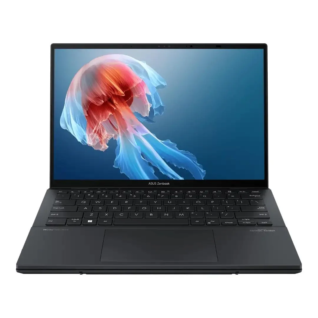 Dual-screen 14 inch gray laptop with OLED touch display, thin and light design