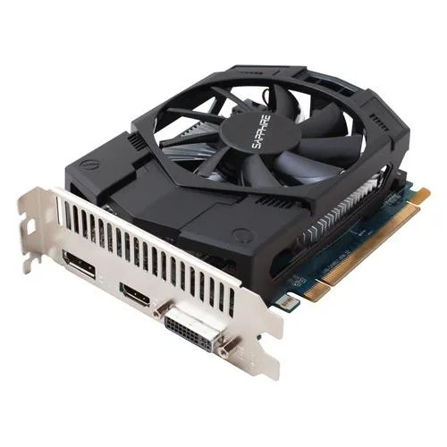 Dual-slot graphics card with silver shroud, black PCB and single fan