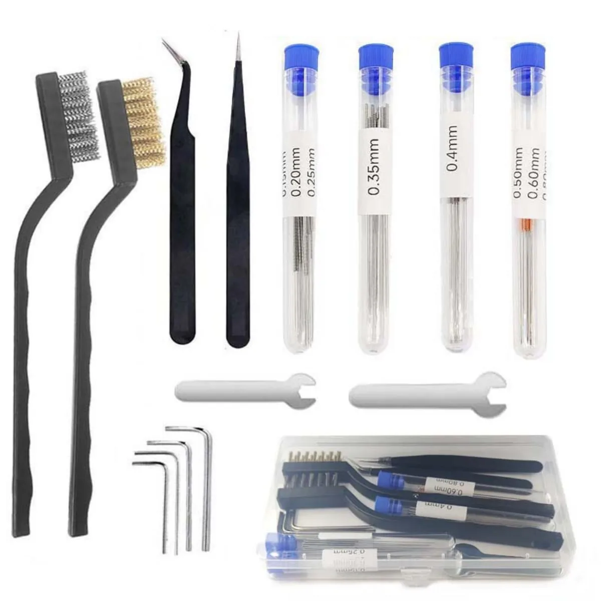 Compact storage box holding 48-piece nozzle cleaning kit with stainless steel needles, copper brushes, tweezers and Allen wrenches