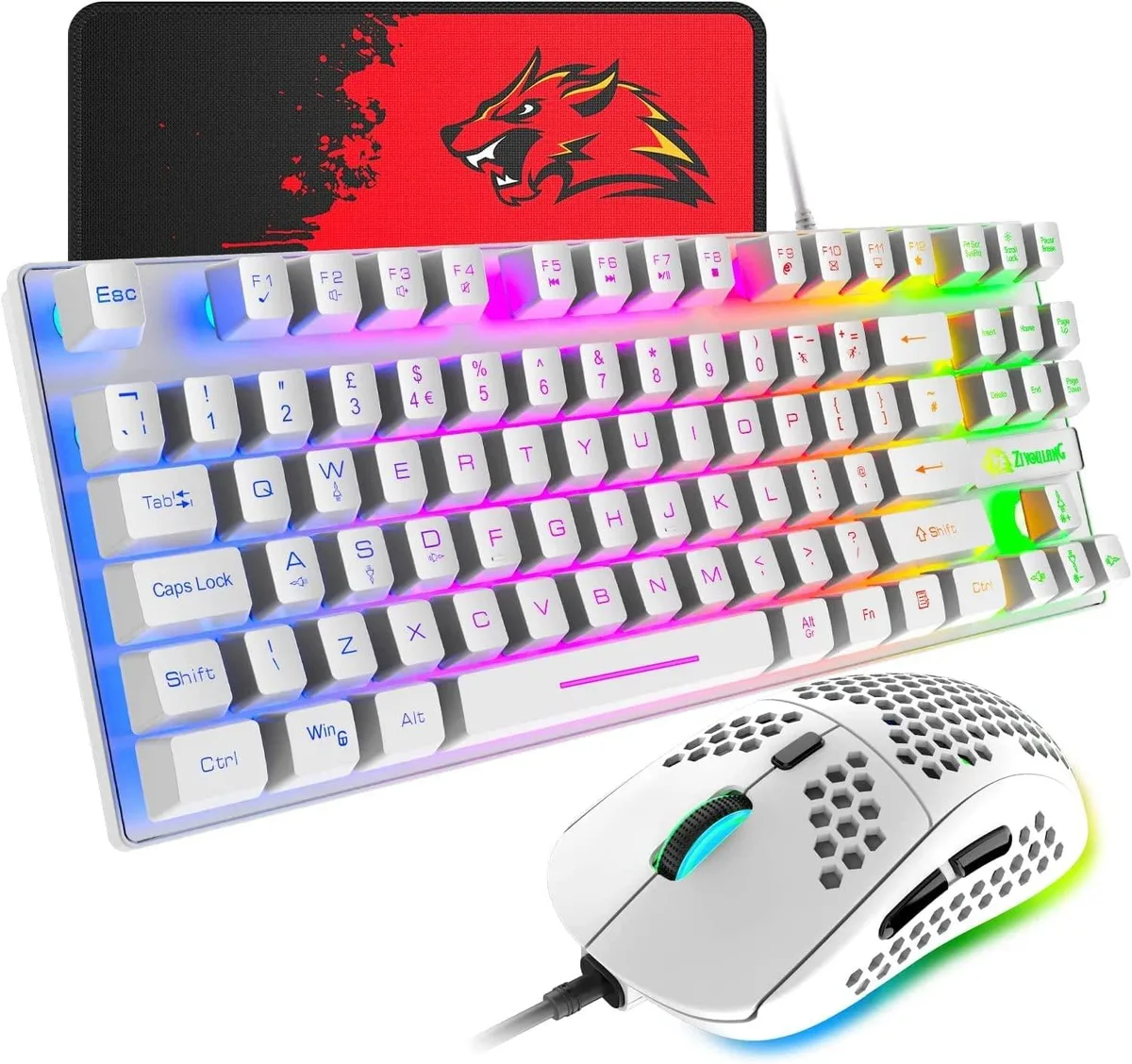 White compact 88-key keyboard with rainbow backlighting, honeycomb-shell mouse and mousepad