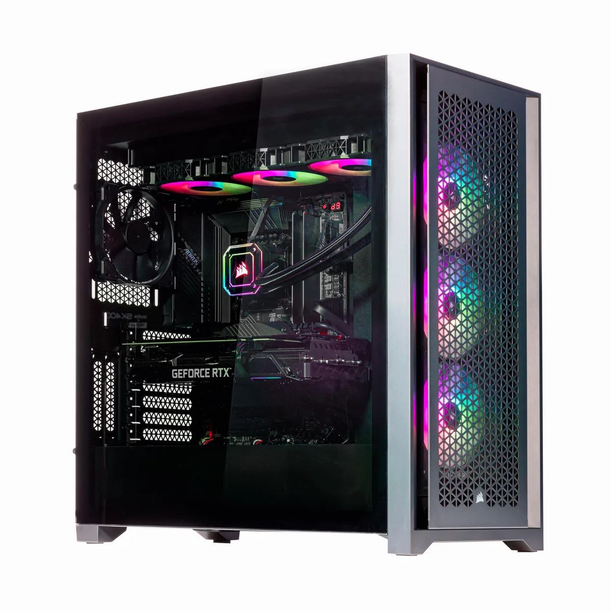 Black desktop tower with 360mm AIO liquid cooler and RGB lighting