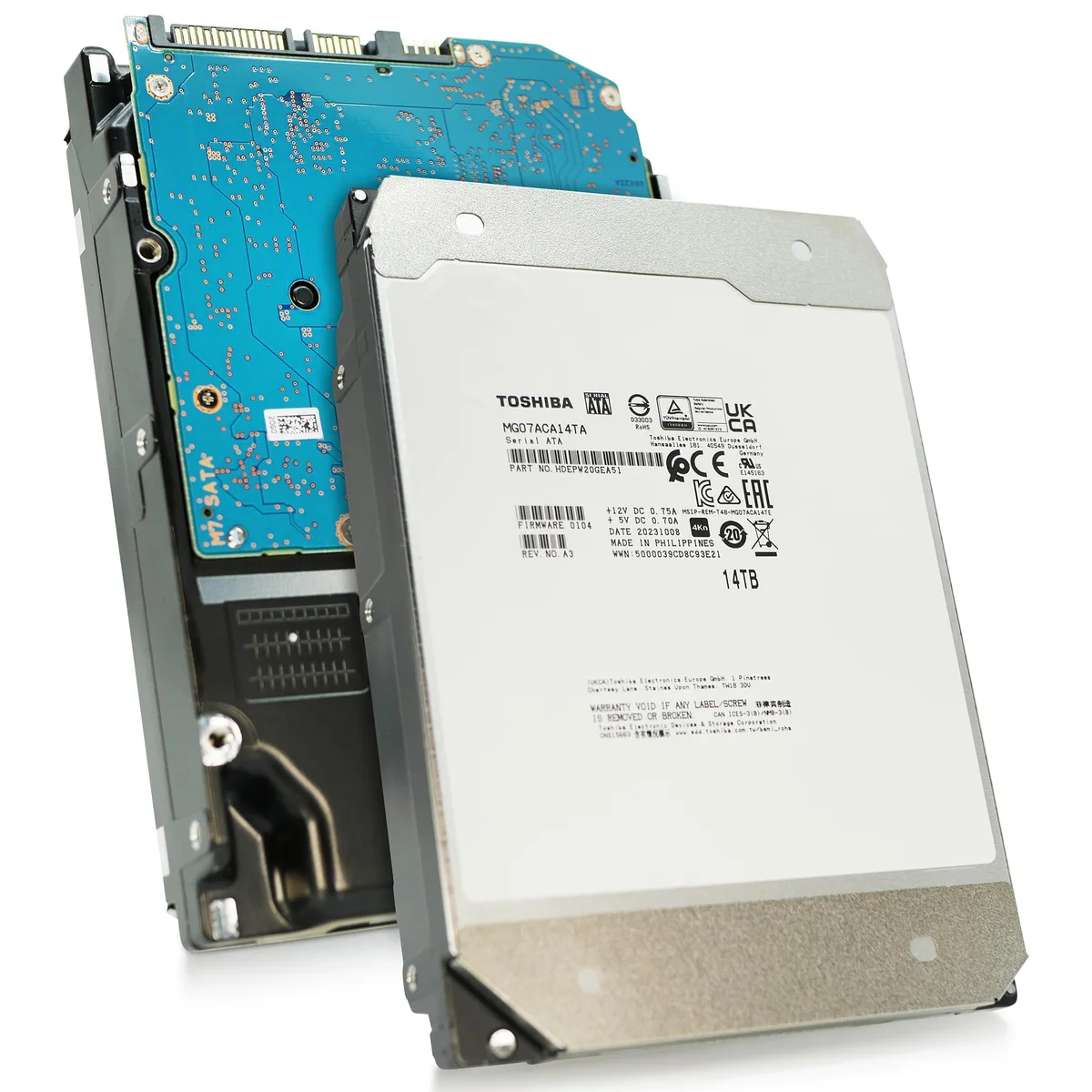 Standard 3.5 inch hard drive with silver metal casing and visible circuit board