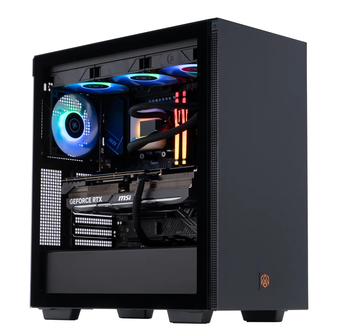 Black mid-tower gaming desktop with RGB liquid cooling visible through glass side panel
