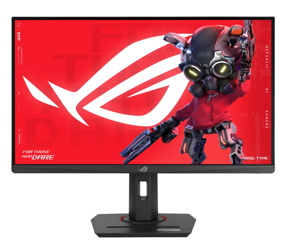 Black 27-inch flat gaming monitor with three-sided thin bezels, height-adjustable stand, anti-glare finish
