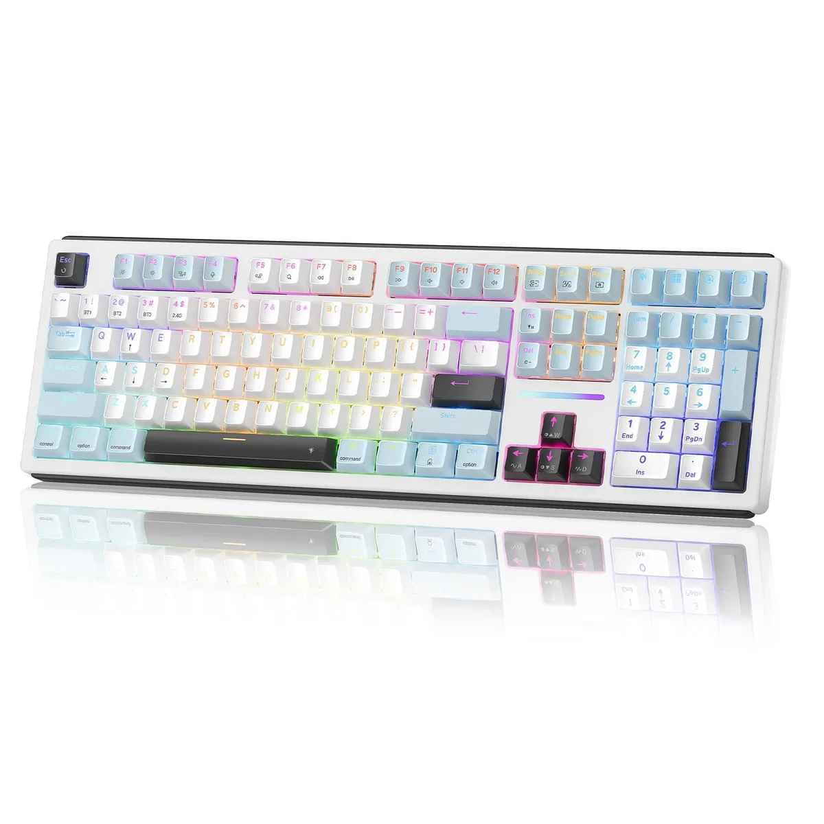 Blue and white full-size mechanical keyboard with 108 keys and four extra hotkeys