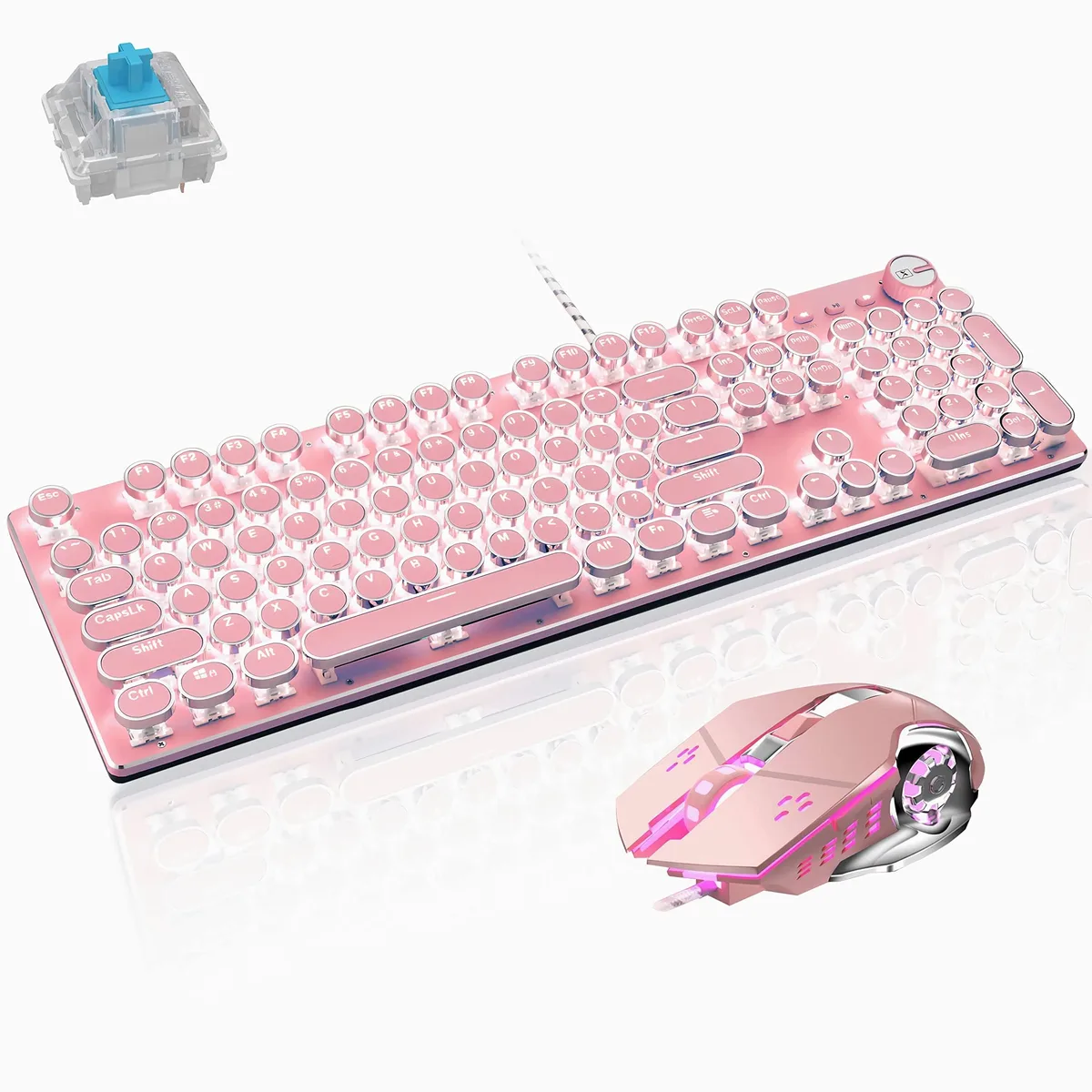Pink retro typewriter-style keyboard with round metal keycaps, white LED backlight, rotary volume knob, and matching ambidextrous mouse