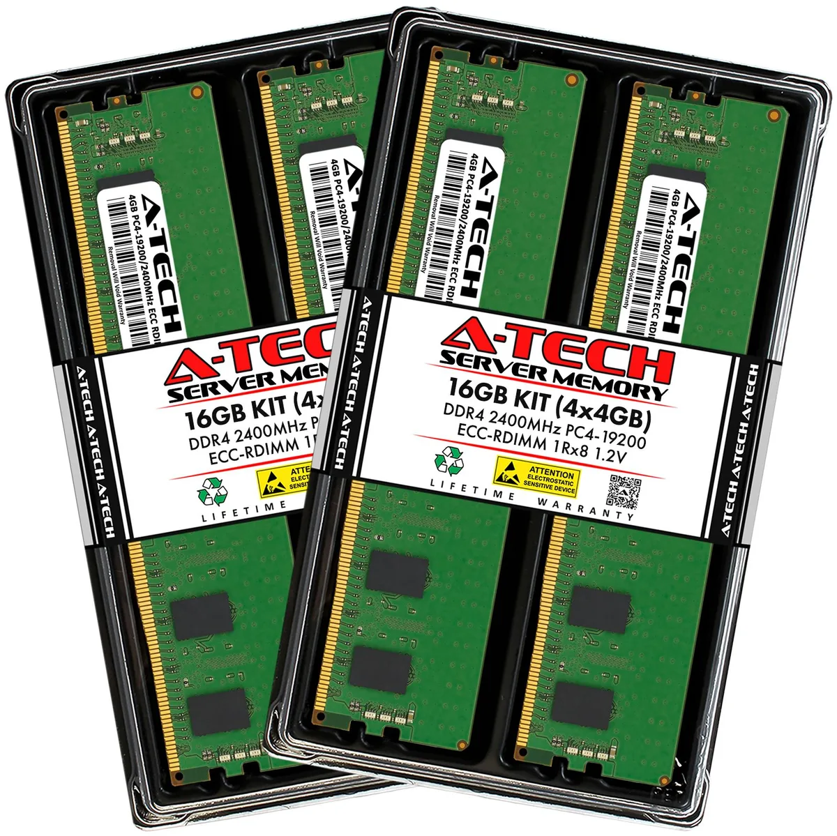Four green DDR4 DIMMs, 288-pin, no heat spreader