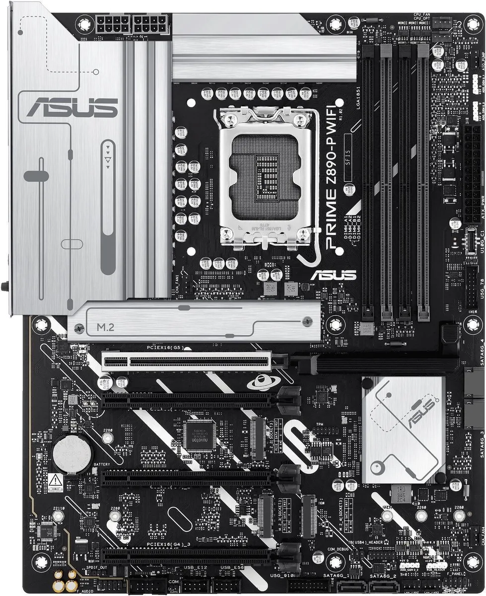 Rectangular ATX motherboard with dark PCB and silver heatsinks, LGA 1851 socket visible