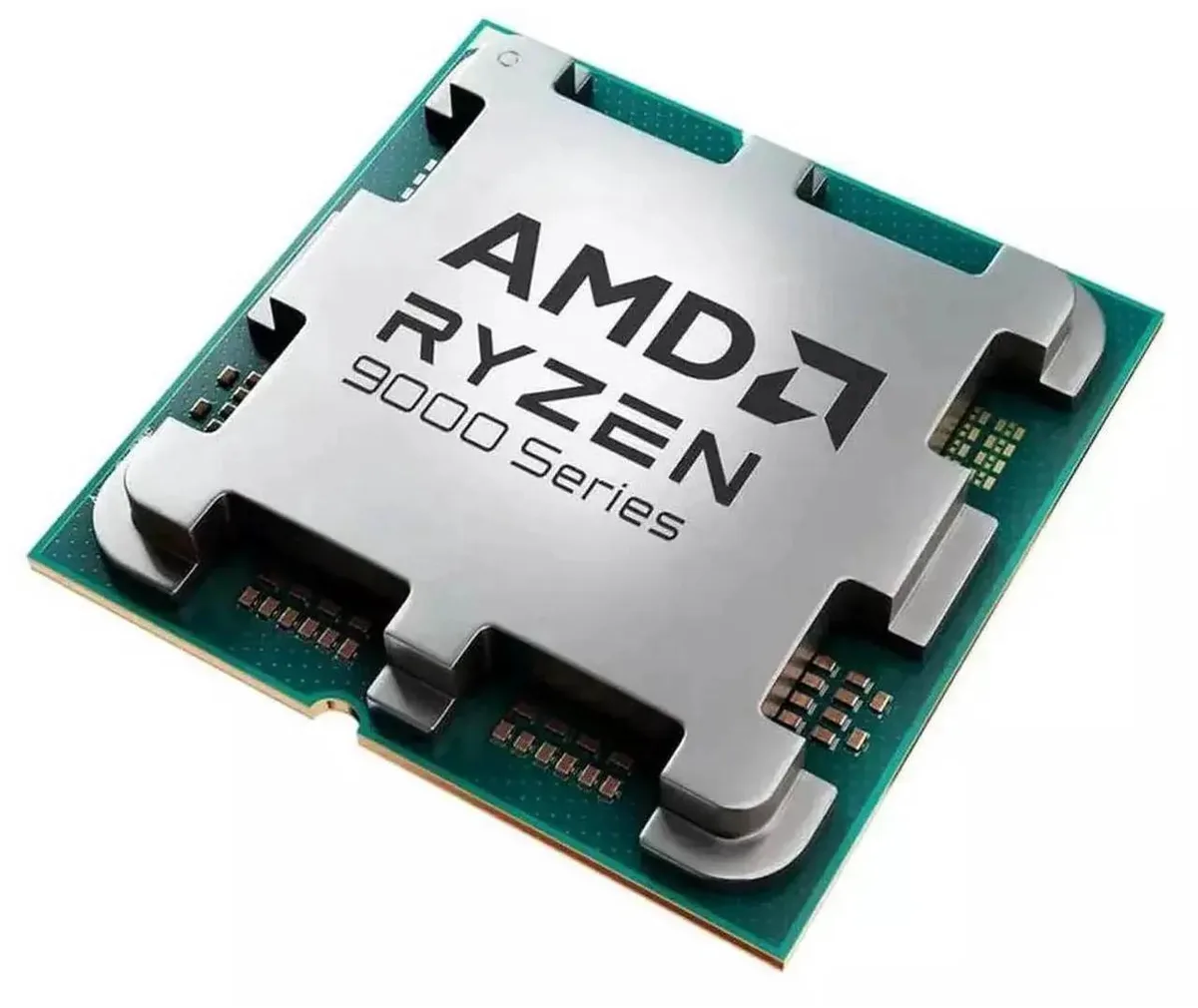 A square ceramic desktop CPU with gold contact pads and a silver metal heat spreader engraved with the Ryzen name