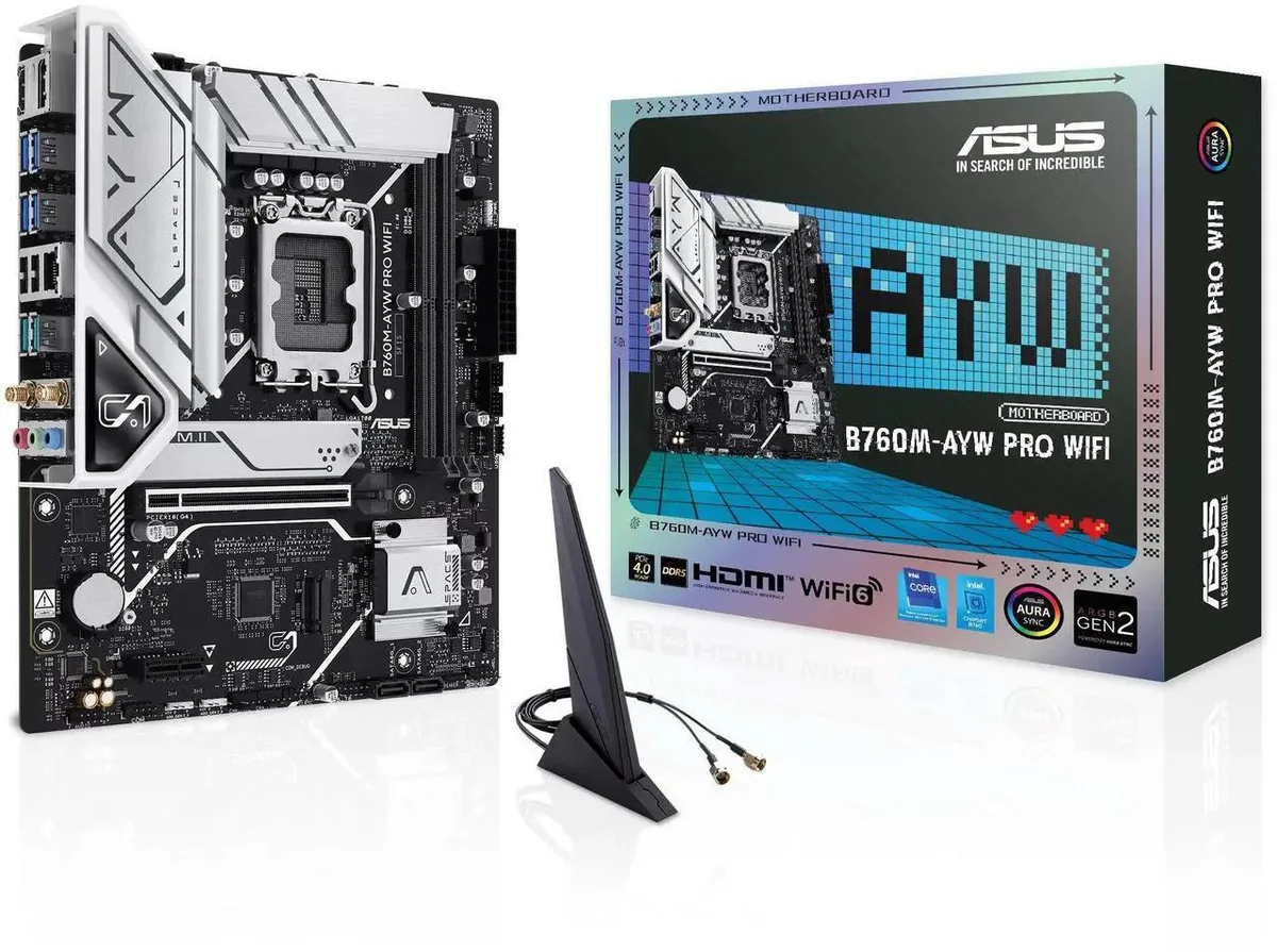 White mATX motherboard with silver heatsinks and rear I/O panel