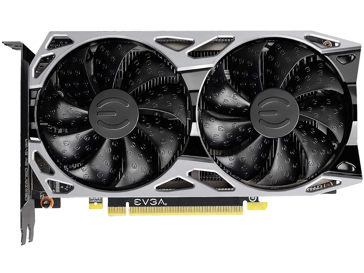 Black dual-fan graphics card with full metal backplate, PCIe 3.0 x16, HDMI 2.0b, DisplayPort 1.4, DVI-D