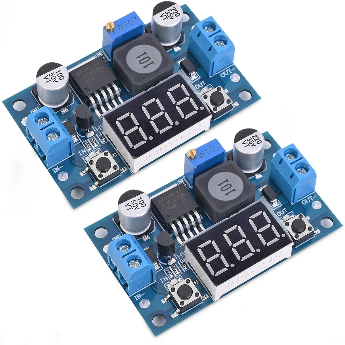 Two blue LM2596 buck converter modules with LED voltmeter display terminal blocks and adjustment screw