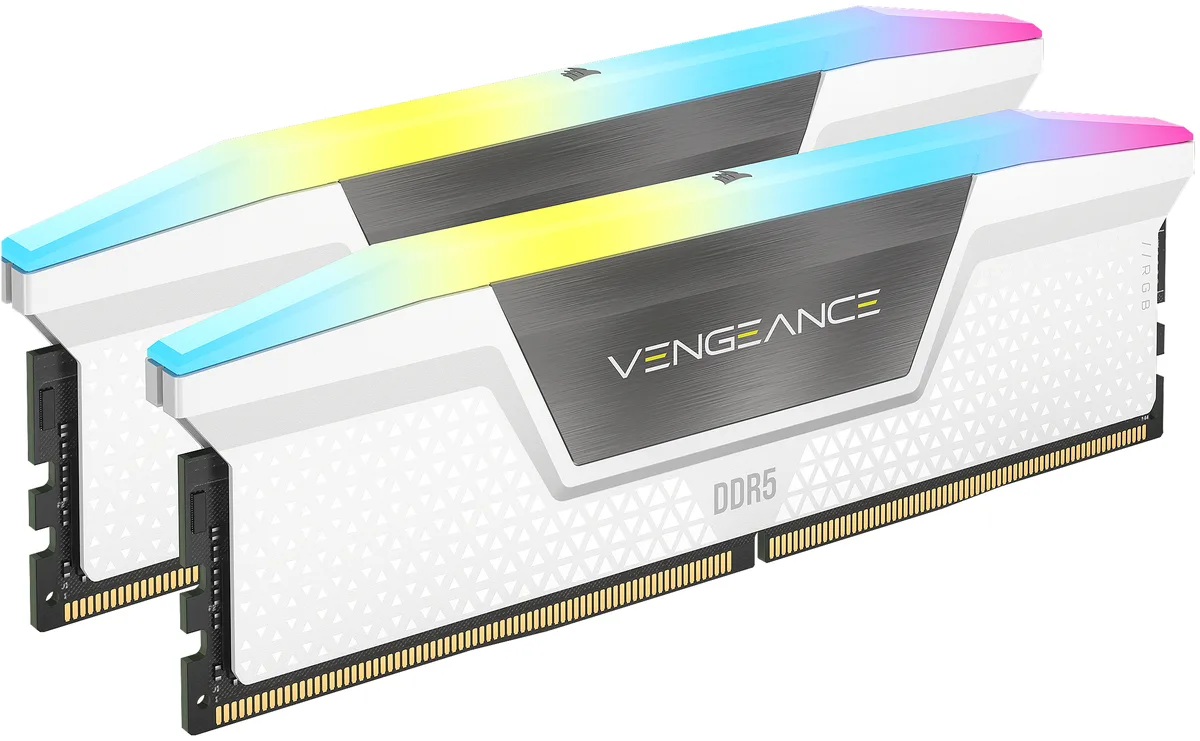 Two white DDR5 memory sticks with RGB light bars