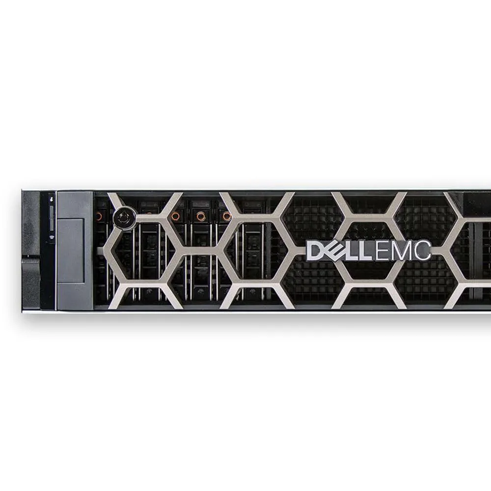 Silver 2U rack server with front drive bays and bezel