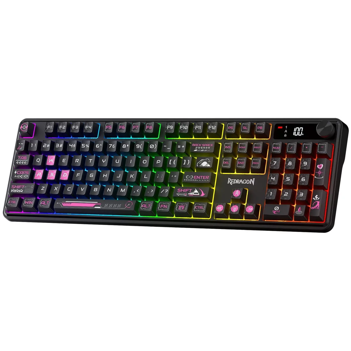 Black and purple full-size membrane keyboard with LED screen and rotary knob
