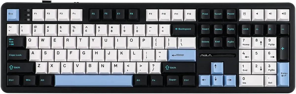 Full-size mechanical keyboard in blue white black with RGB backlighting