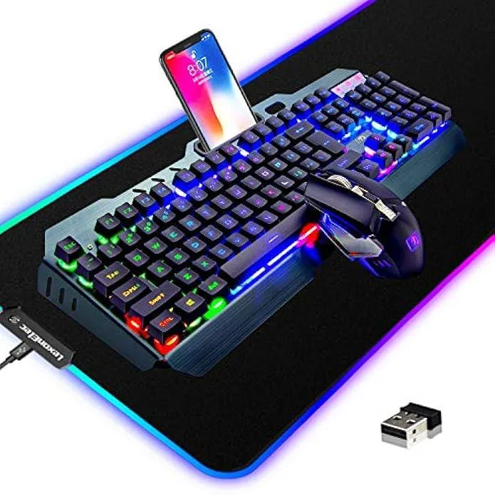 Wireless keyboard with brushed metal panel, mouse and large RGB mouse pad in box