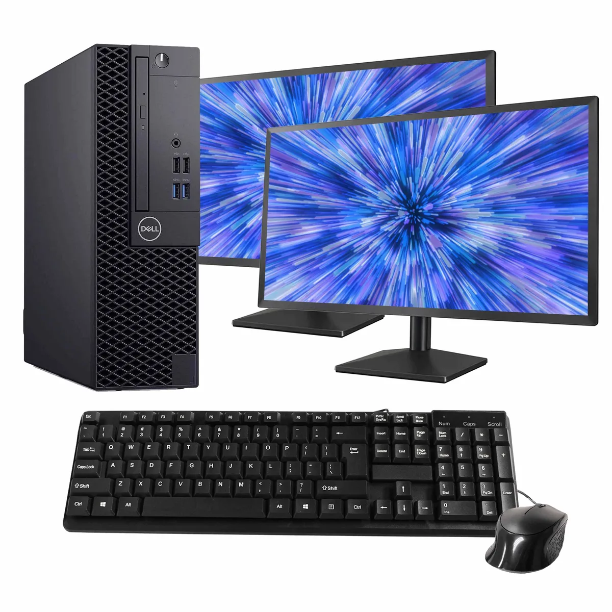Dell OptiPlex 3070 black desktop tower with dual 24 inch monitors keyboard and mouse