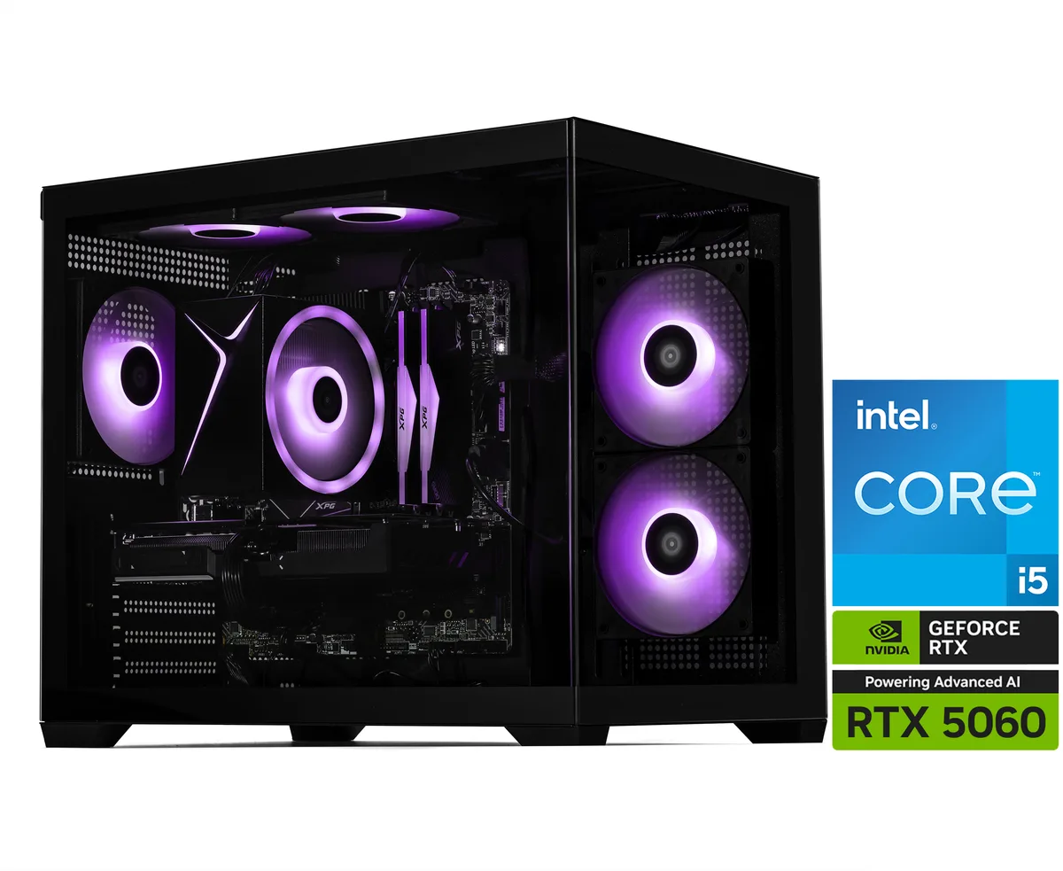 Black mid-tower gaming desktop with RGB-lit DDR5 memory visible through side panel