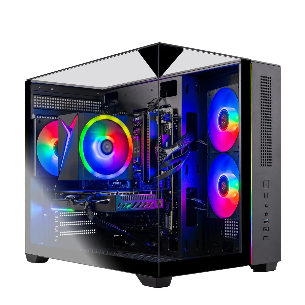 Black mid-tower gaming desktop with tempered glass side panel and RGB lighting