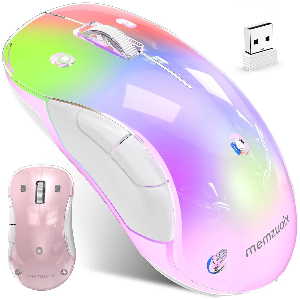 Black transparent wireless gaming mouse with magnetic cover and RGB lighting