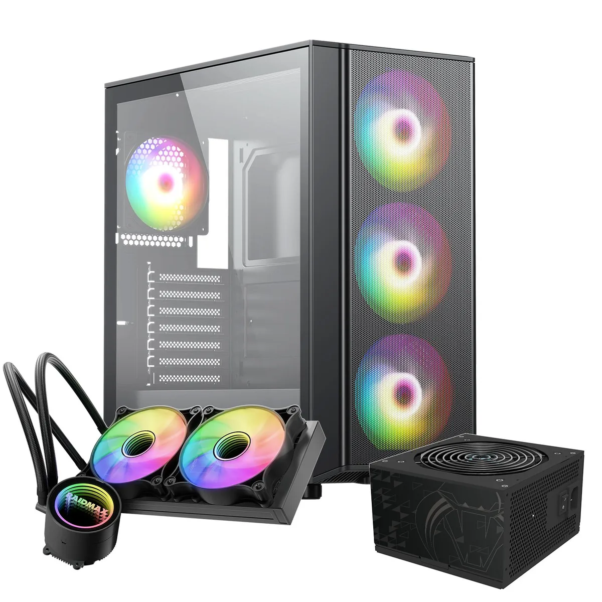 Black mesh-front ATX mid-tower with tempered glass side panel and ARGB fans