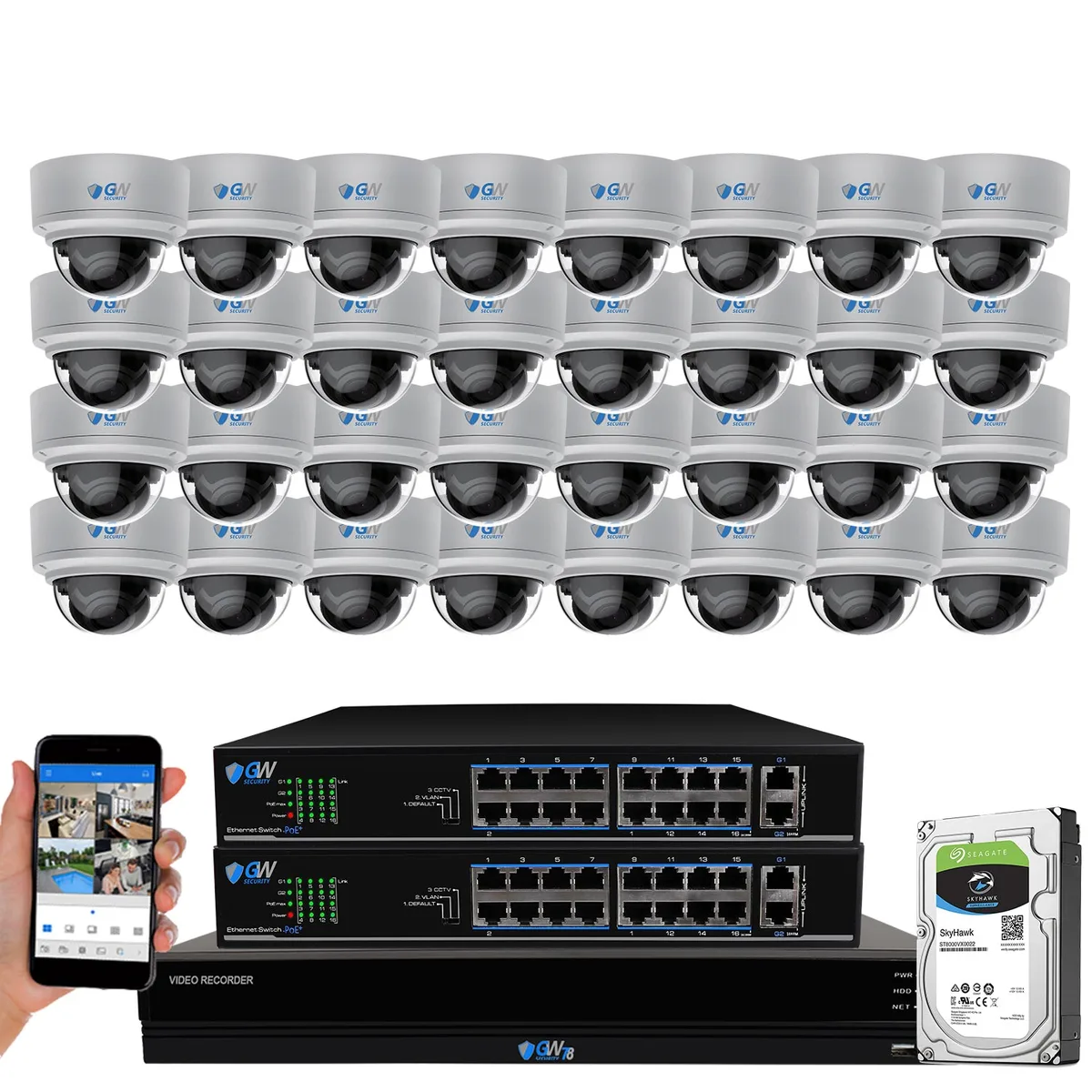 GW Security Inc. GW Security Inc. GW7832N 32ch 4K NVR kit 8TB 32×8MP dome 4× zoom — product photo