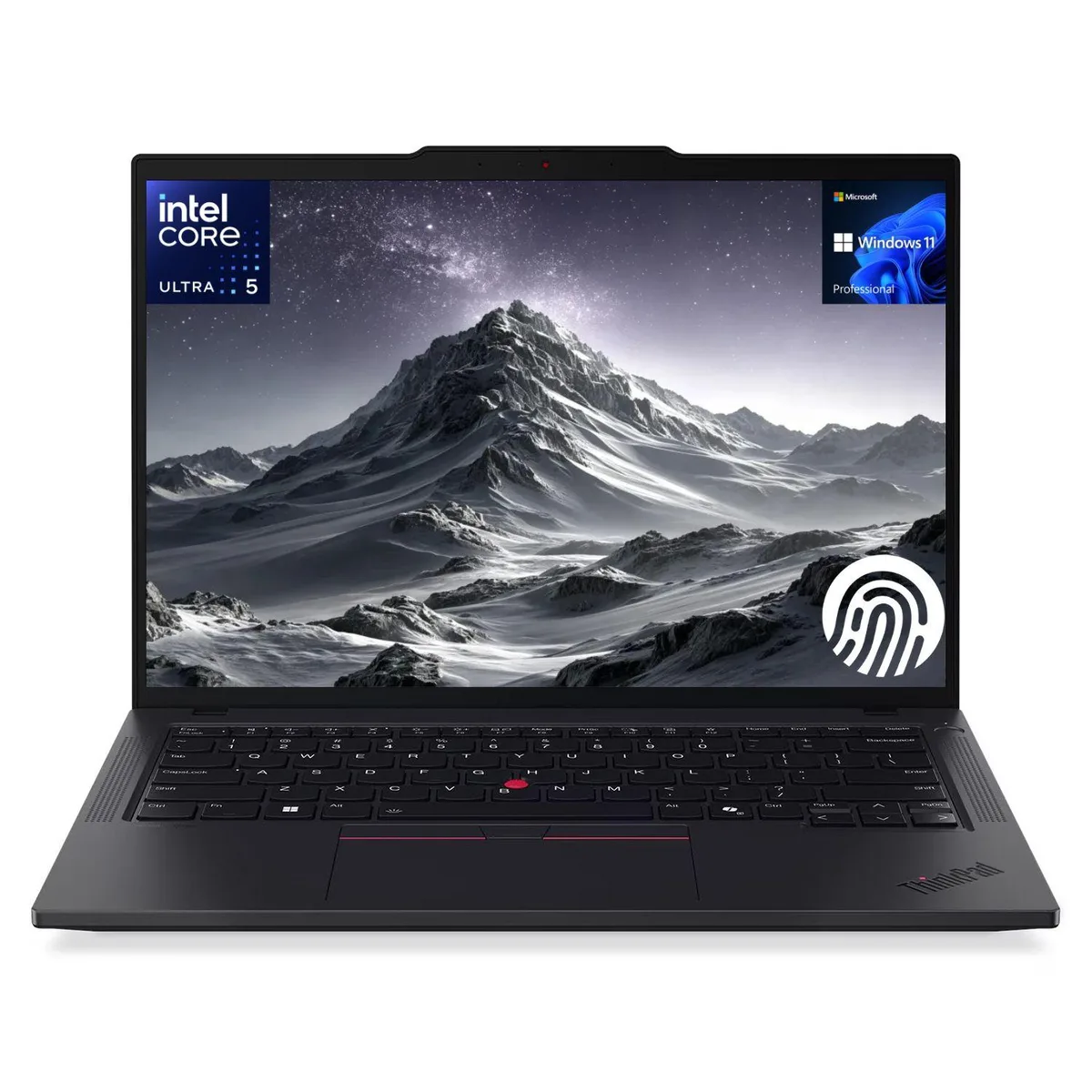 Black 14-inch ThinkPad T14 laptop with backlit keyboard and fingerprint reader