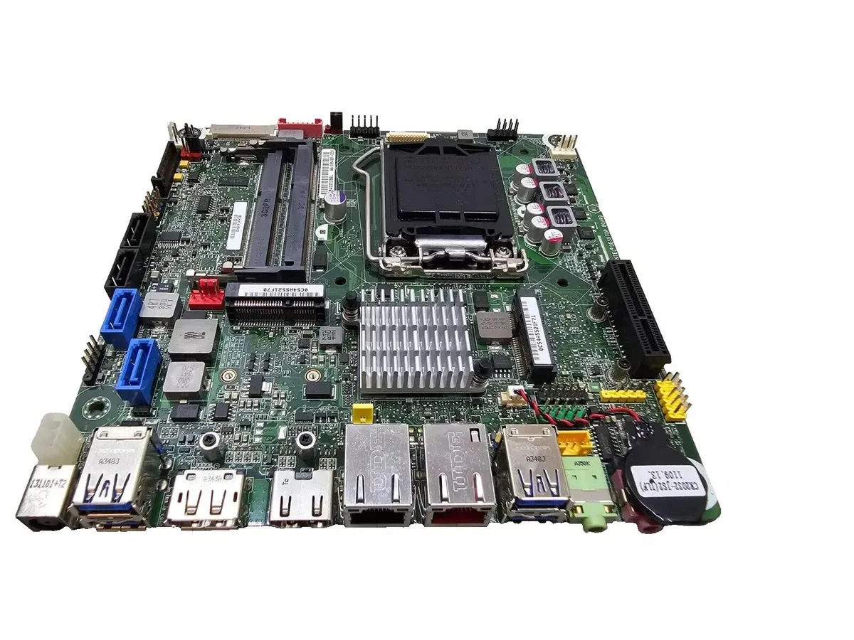 Intel Thin Mini-ITX motherboard, matte black PCB with silver LGA 1155 socket, dual RJ45, HDMI, DisplayPort, four USB 3.0 ports