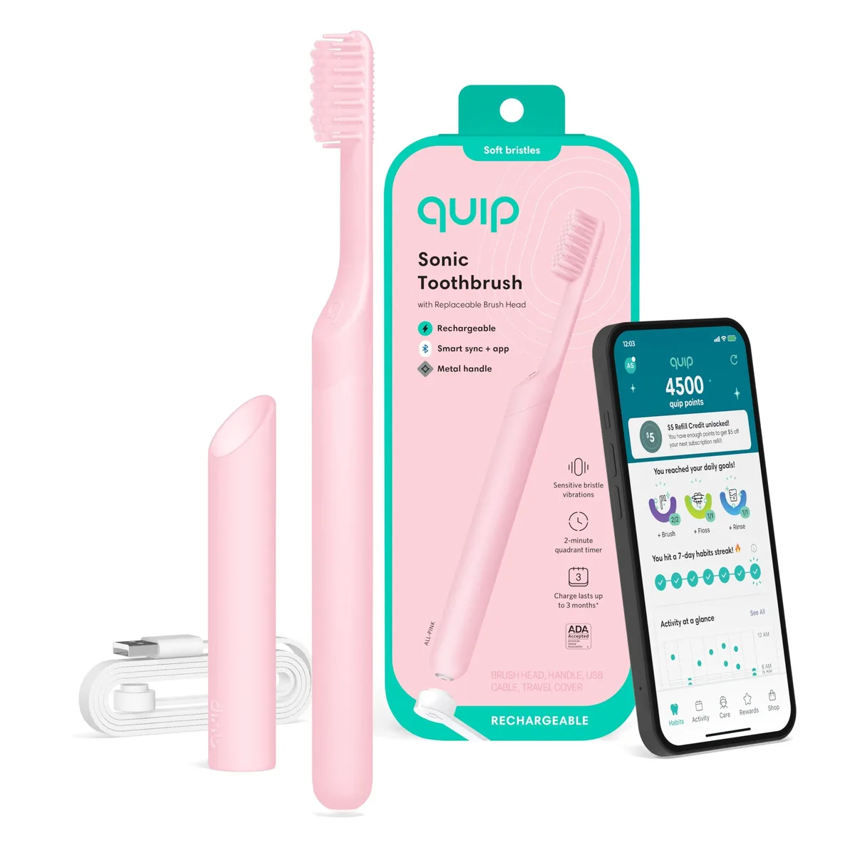  Quip Rechargeable Smart Sonic Toothbrush Pink — product photo