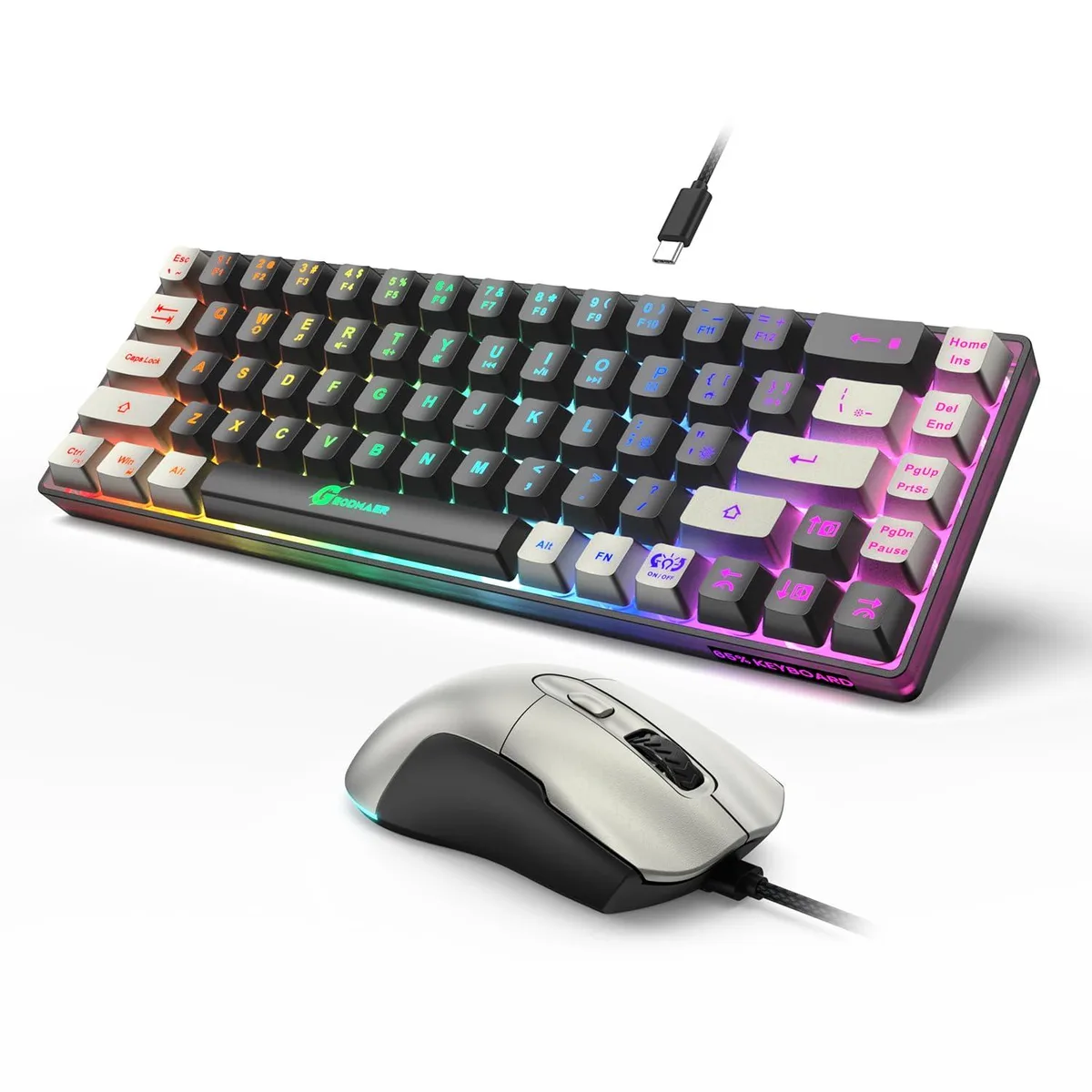Compact black 65 percent keyboard with 68 RGB keys and matching black gaming mouse with braided cables