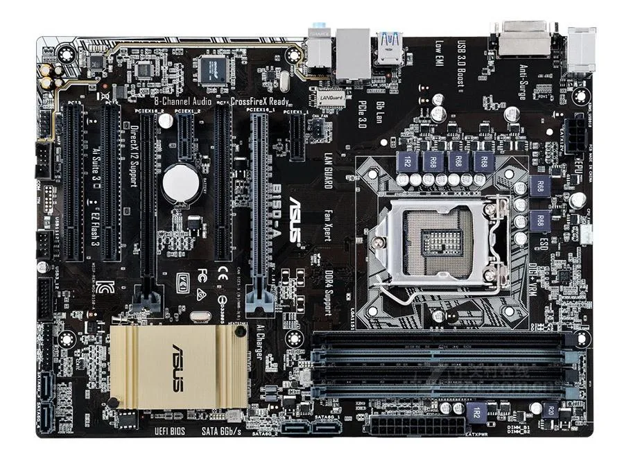 ASUS B150-A ATX motherboard in black with silver heatsinks and LGA 1151 socket