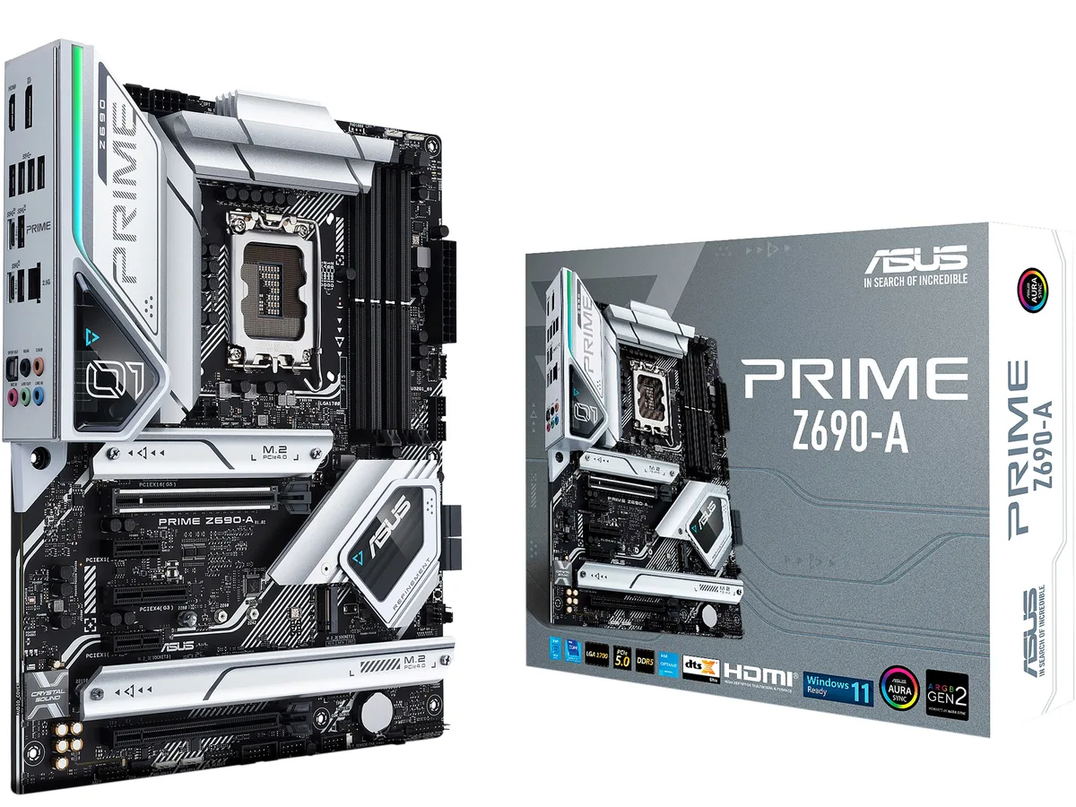 ATX motherboard, black PCB with silver heatsinks and RGB accents